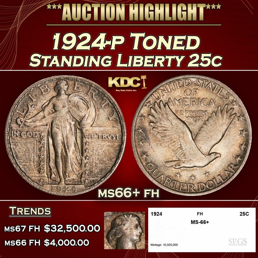 1924-p Standing Liberty Quarter Toned 25c ms66+ fh SEGS: 1924-p Toned Standing Liberty Quarter 25c ms66+ fh SEGS. 0