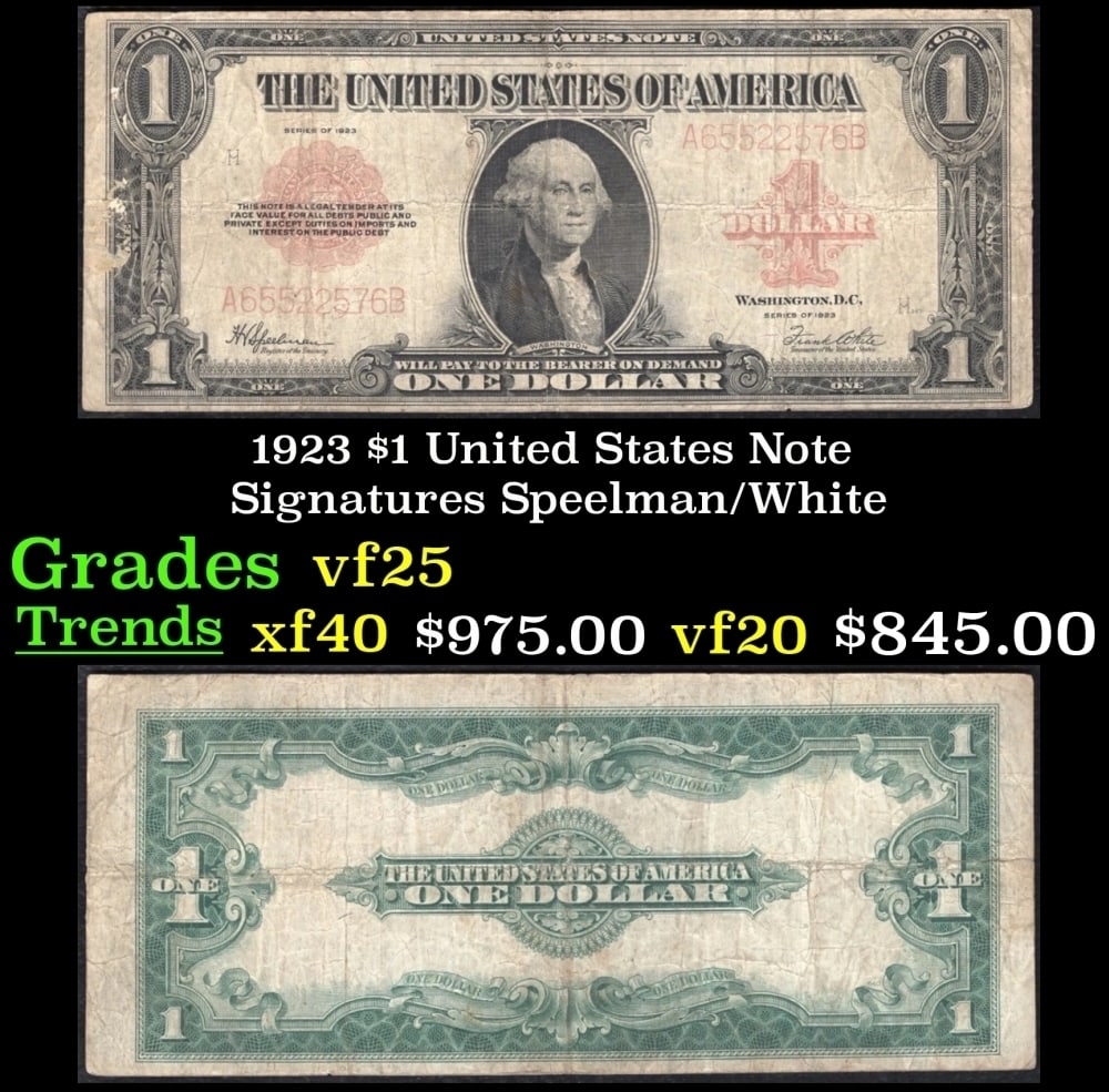 1923 $1 United States Note Grades vf+ Signatures Speelman/White: 1923 $1 United States Note Grades vf+ Signatures Speelman/White. Signatures of Speelman and White. The last of the large-sized U.S. $1 notes! Take a dollar bill out of your wallet and give it a look. 