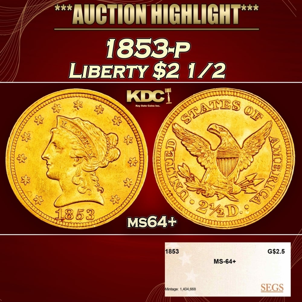 1853-p Gold Liberty Quarter Eagle $2 1/2 ms64+ SEGS (1 of 4)