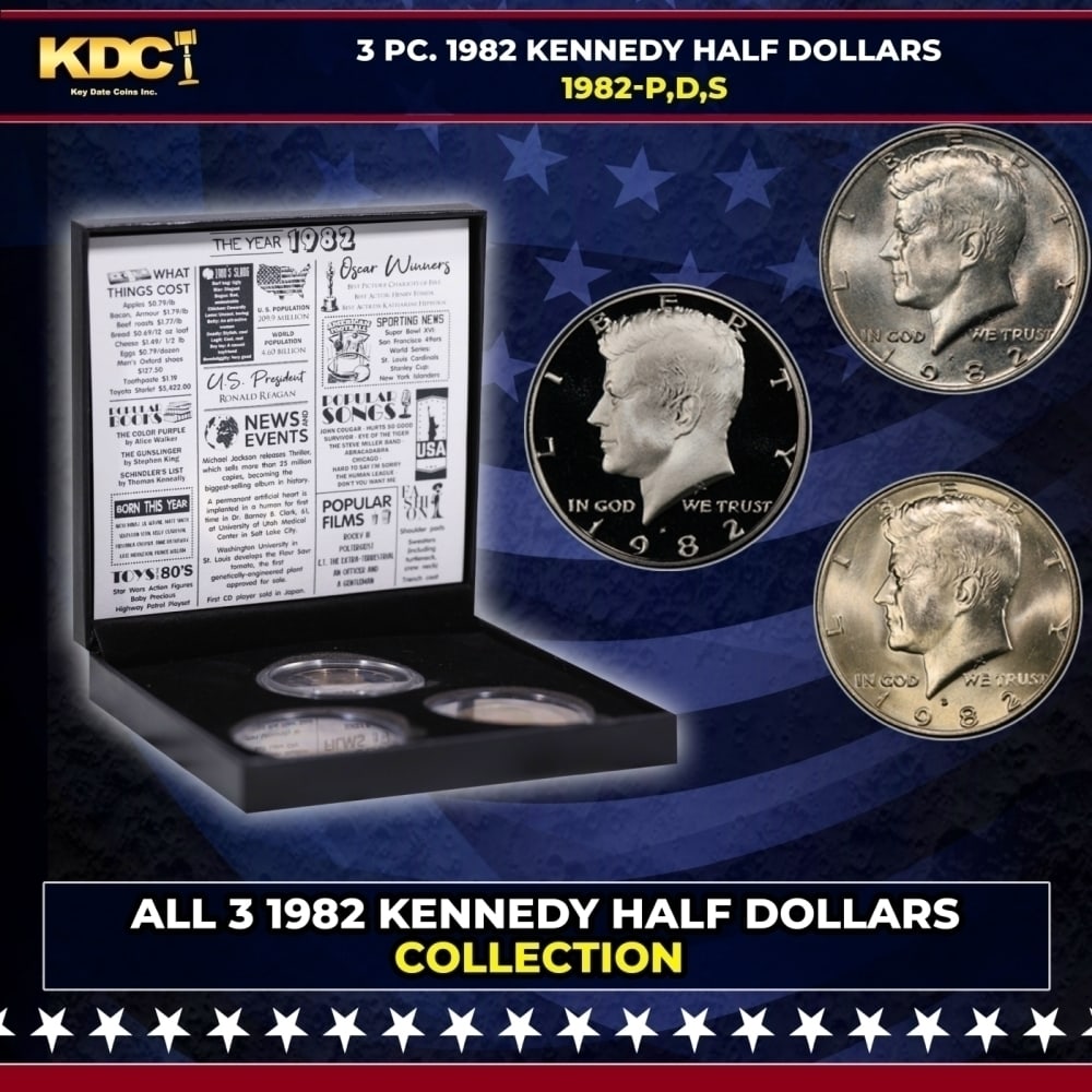 Complete 3 PC. 1982 Kennedy Half Dollar 50c set In Custom Box W/ Special Backer Card BU & Proof: Complete 3 PC. 1982 Kennedy Half Dollar 50c set In Custom Box W/ Special Backer Card BU & Proof COOL!. Please Note All Backer Cards may have slight differences but will be very similar if not identica