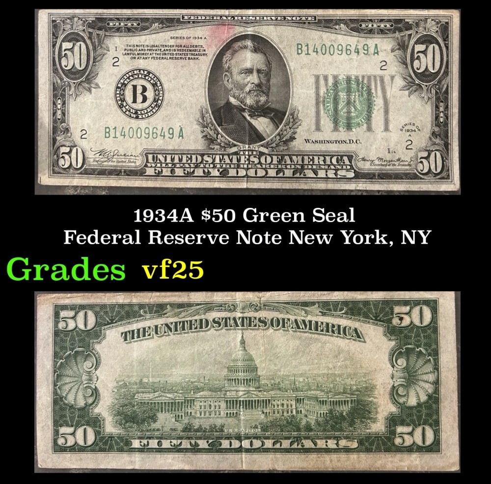 1934A $50 Green Seal Federal Reserve Note New York, NY Grades vf+ (1 of 3)