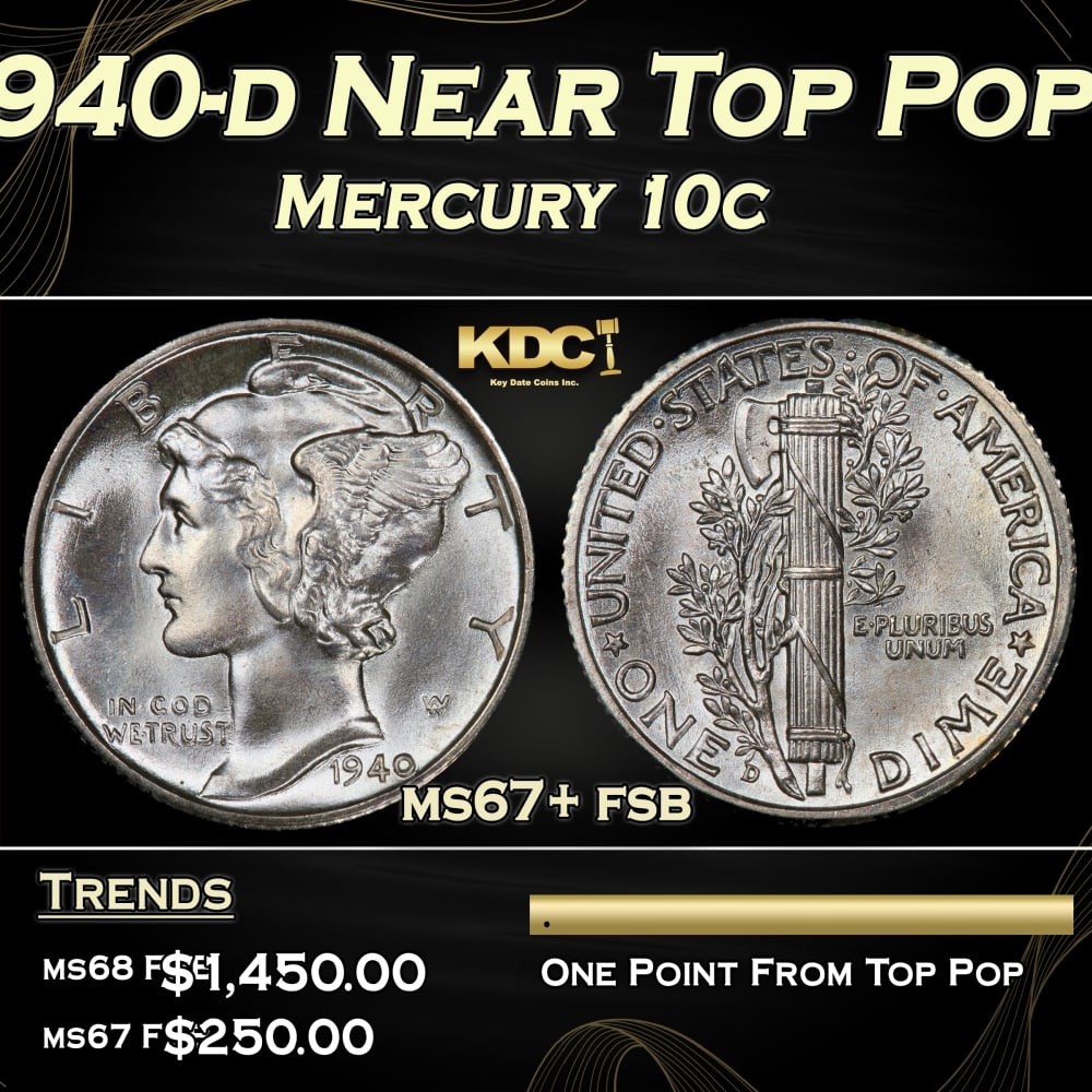 1940-d Mercury Dime Near Top Pop 10c ms67+ fsb SEGS: 1940-d Near Top Pop Mercury Dime 10c ms67+ fsb SEGS.