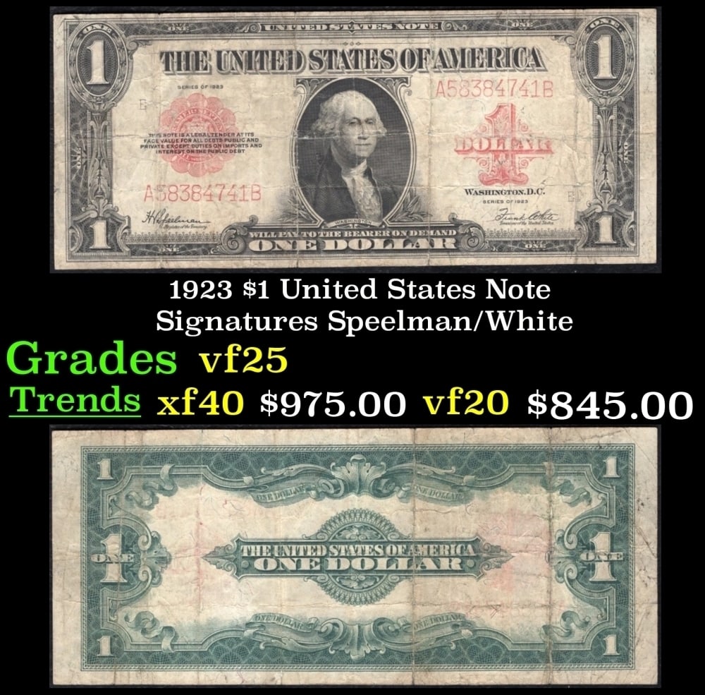 1923 $1 United States Note Grades vf+ Signatures Speelman/White: 1923 $1 United States Note Grades vf+ Signatures Speelman/White. Signatures of Speelman and White. The last of the large-sized U.S. $1 notes! Take a dollar bill out of your wallet and give it a look. 