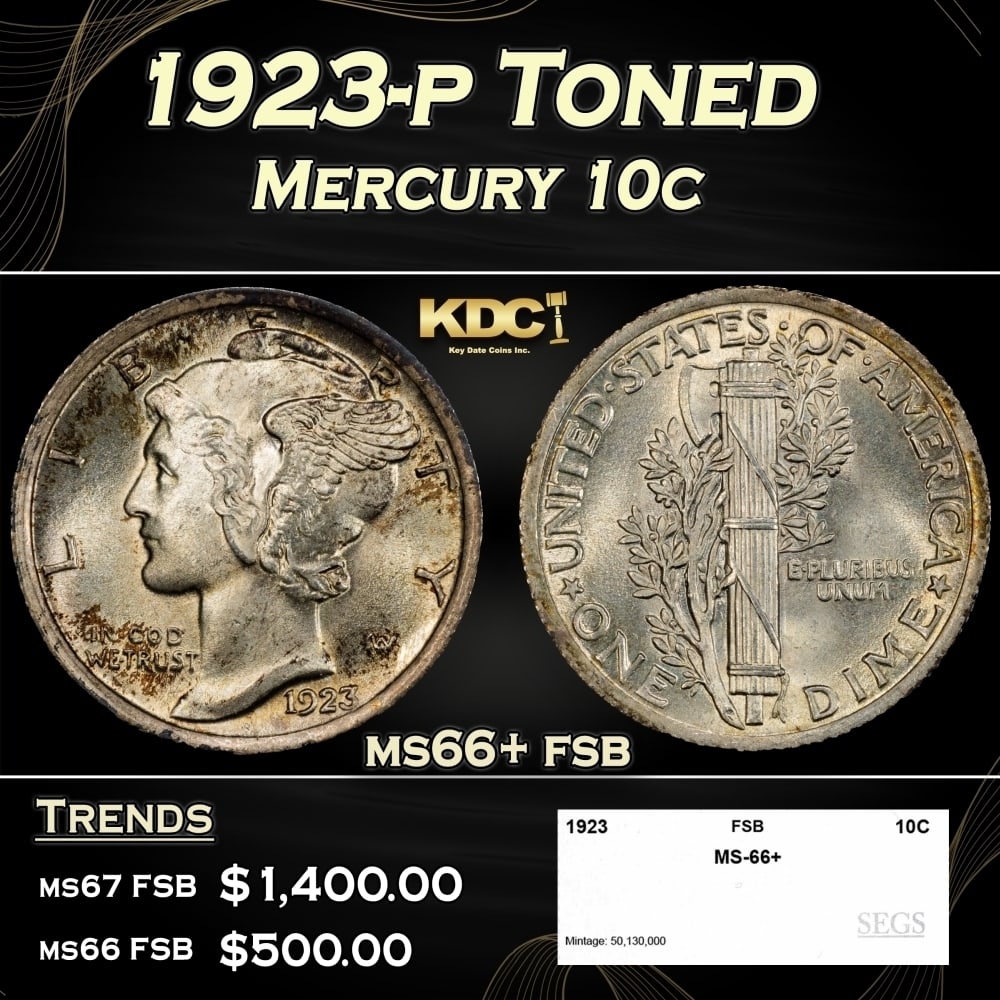 1923-p Mercury Dime Toned 10c ms66+ fsb SEGS: 1923-p Toned Mercury Dime 10c ms66+ fsb SEGS. 0