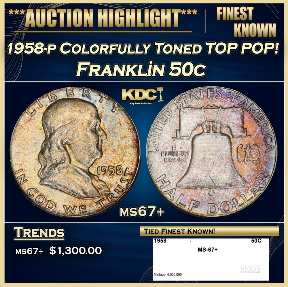 1958-p Franklin Half Dollar Colorfully Toned TOP POP! 50c ms67+ SEGS (1 of 4)