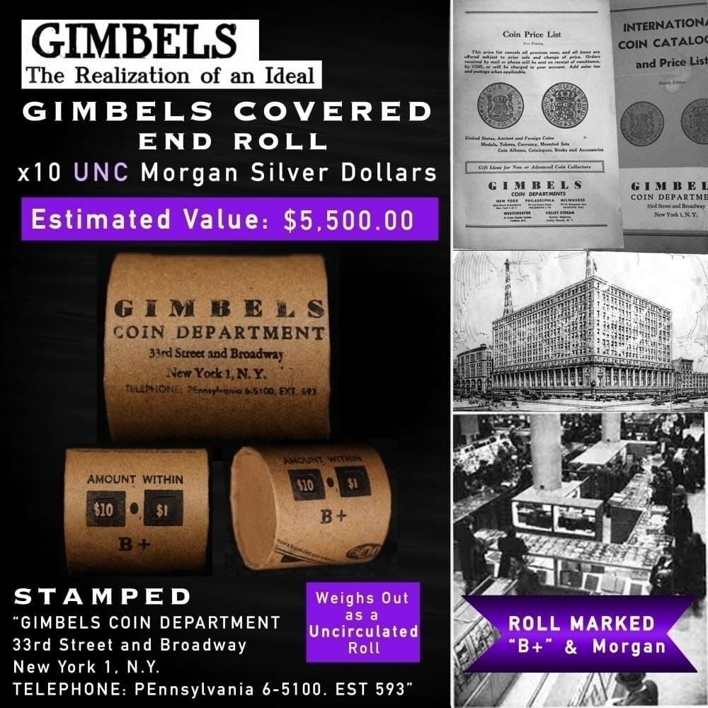 Rare GIMBLES Unc Morgan Dollar $1 Roll 10 Coin B+: Rare GIMBLES Unc Morgan Dollar $1 Roll 10 Coin B+. Up For Auction is a 133- Rare GIMBLES Unc Morgan Dollar $1 Roll 10 Coin B+ Roll Weighing 270.2 g Based On this weight this is a UNC Roll We are very 