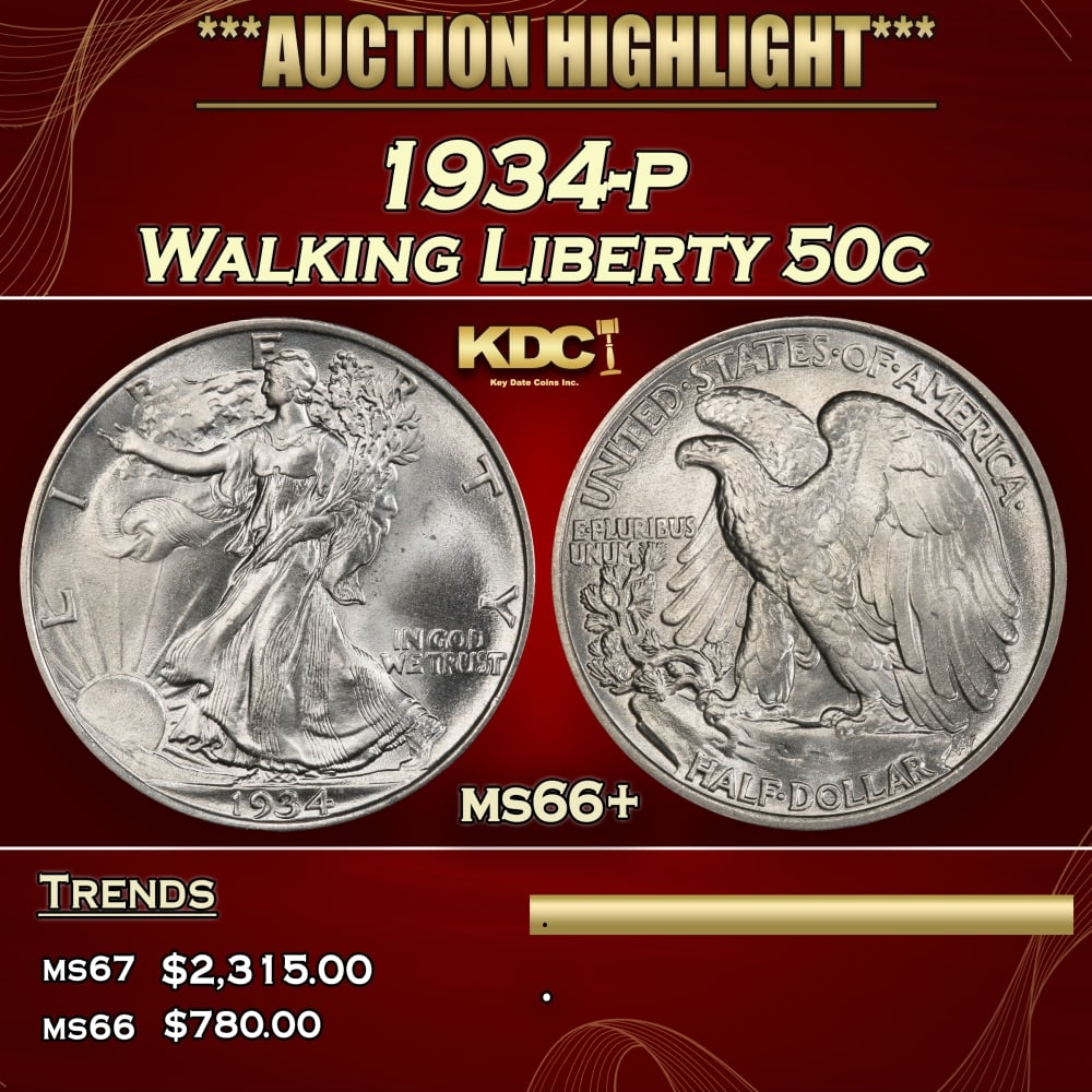 1934-p Walking Liberty Half Dollar 50c ms66+ SEGS: 1934-p Walking Liberty Half Dollar 50c ms66+ SEGS.