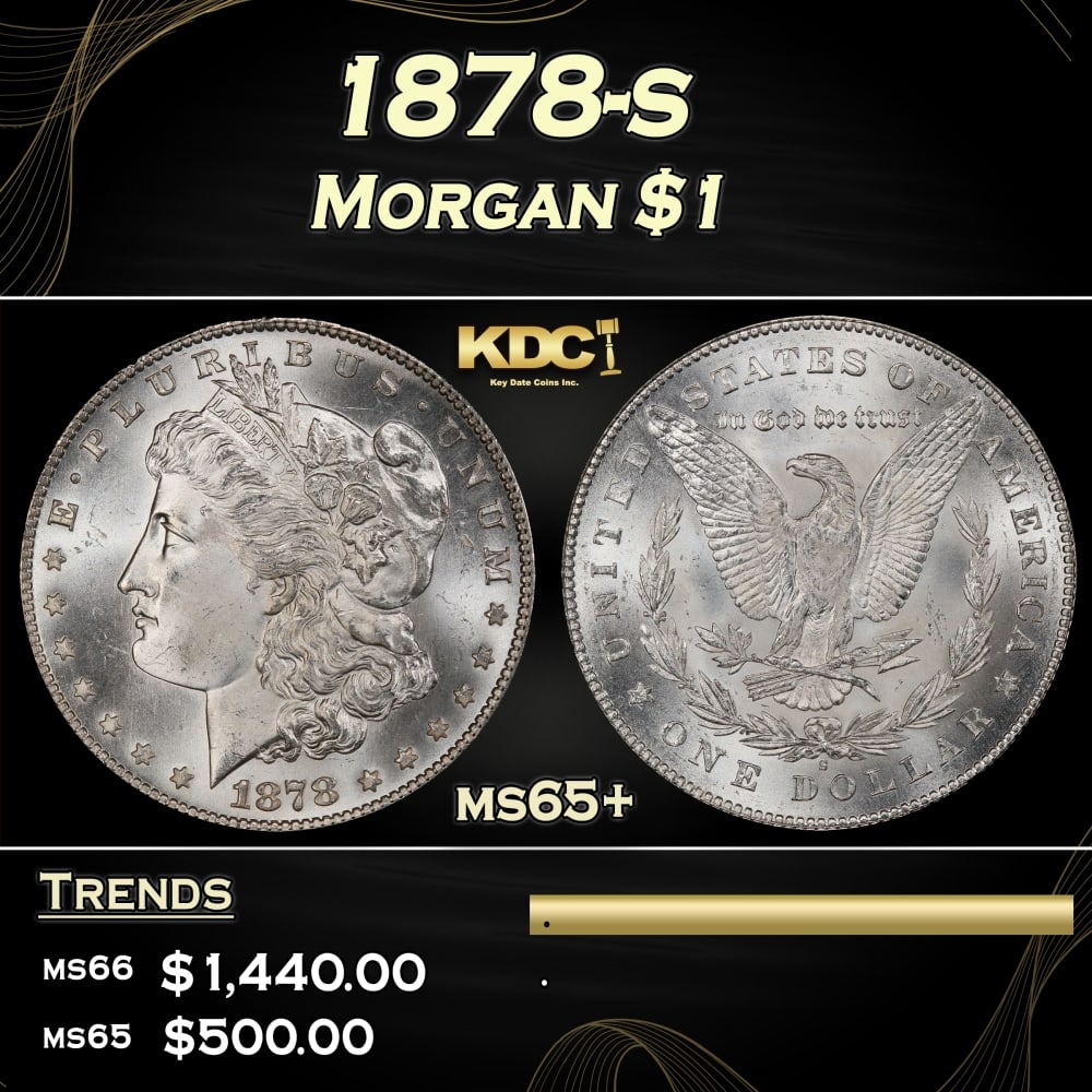 1878-s Morgan Dollar $1 Grades ms65+: 1878-s Morgan Dollar $1 Grades ms65+. Slightly better date. First year of issue.