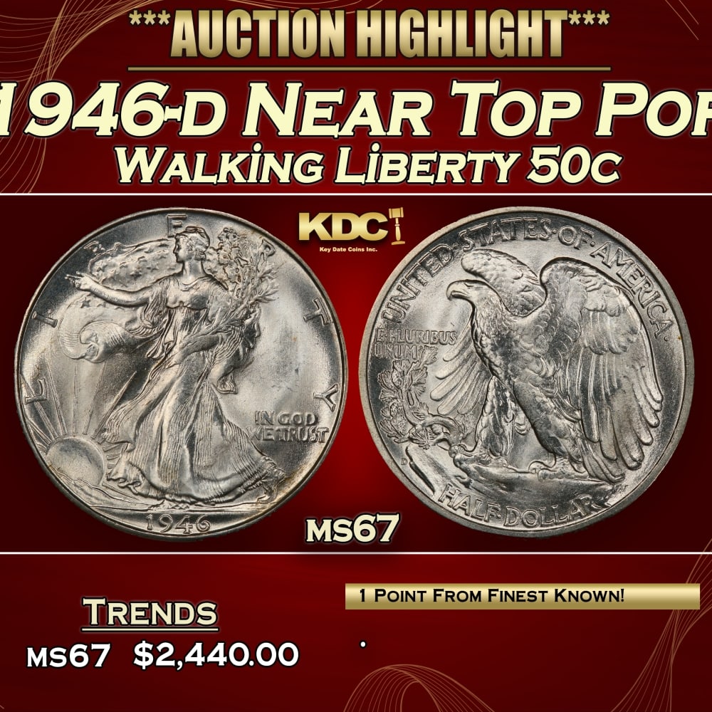 1946-d Walking Liberty Half Dollar Near Top Pop 50c ms67 SEGS: 1946-d Near Top Pop Walking Liberty Half Dollar 50c ms67 SEGS. 0