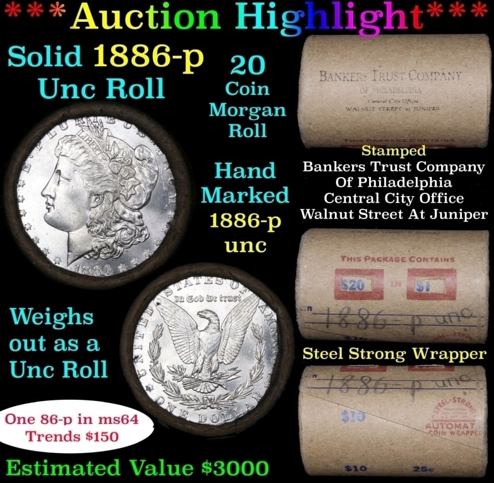 Full solid date 1886-p Uncirculated Morgan silver dollar roll, 20 coins: Full solid date 1886-p Uncirculated Morgan silver dollar roll, 20 coins. Full solid date 1886-p Uncirculated Morgan silver dollar roll, 20 coins. This roll is held in an old Steel strong wrapper, pate