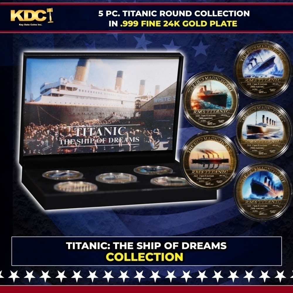 5 Coin Titanic Remembrance Gold Plated Round Collection: 5 Coin Titanic Remembrance Gold Plated Round Collection. Please Note All Backer Cards may have slight differences but will be very similar if not identical to the one in the photo