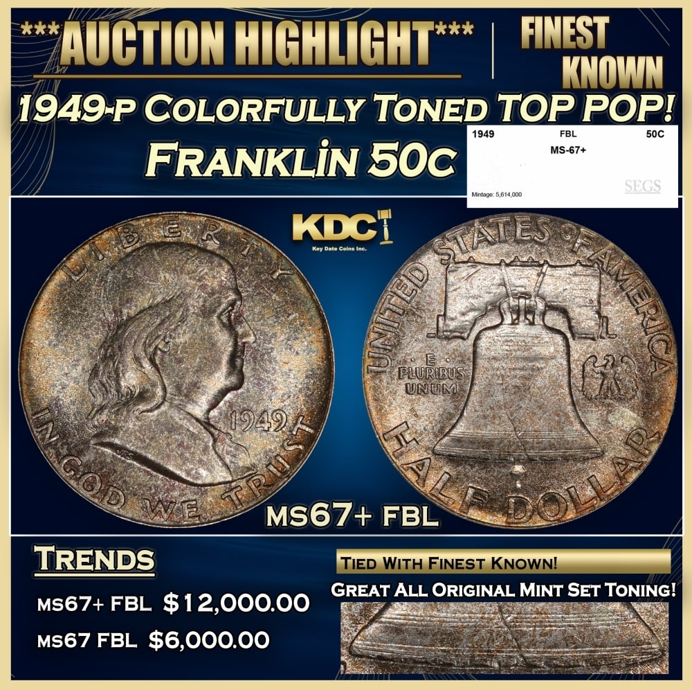 1949-p Franklin Half Dollar Colorfully Toned TOP POP! 50c ms67+ fbl SEGS: 1949-p Colorfully Toned TOP POP! Franklin Half Dollar 50c ms67+ fbl SEGS. 0
