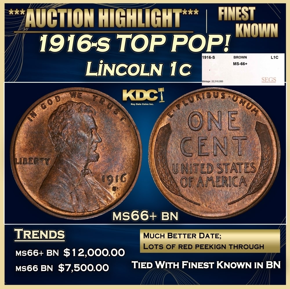 1916-s Lincoln Cent TOP POP! 1c ms66+ bn SEGS: 1916-s TOP POP! Lincoln Cent 1c ms66+ bn SEGS. 0