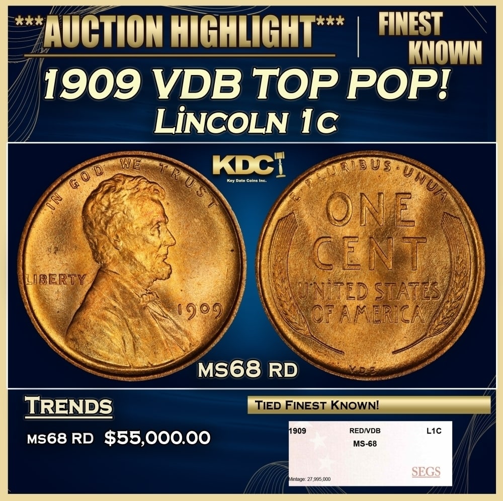 1909 VDB Lincoln Cent TOP POP! 1c ms68 rd SEGS: 1909 VDB TOP POP! Lincoln Cent 1c ms68 rd SEGS. Always sought after date. Always popular. 0