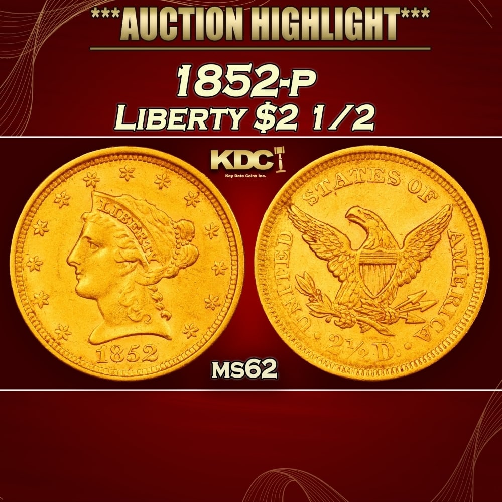1852-p Gold Liberty Quarter Eagle $2 1/2 ms62 USCG (1 of 3)