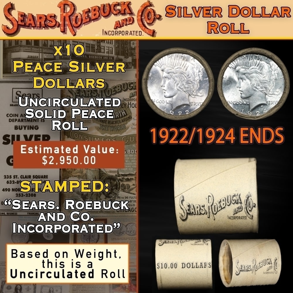 10 Coin Silver Dollar $1 Roll Peace UNC From SEARS 1924/1922 Ends: 10 Coin Silver Dollar $1 Roll Peace UNC From SEARS 1924/1922 Ends. Up For Auction is a 15- 10 Coin Silver Dollar $1 Roll Peace UNC From SEARS 1924/1922 Ends Roll Weighing 270.5 g Based On this weight 