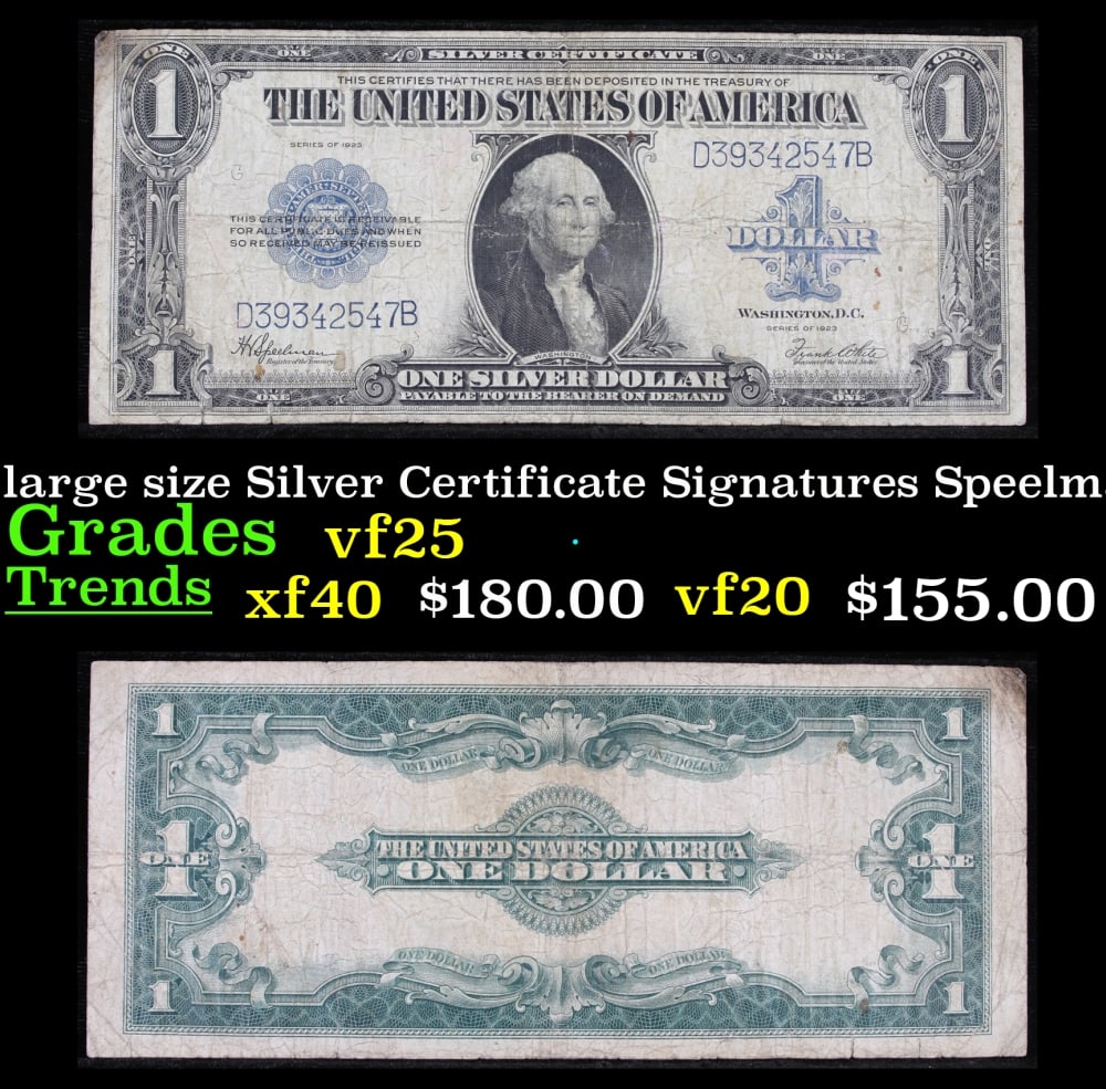 1923 $1 large size Silver Certificate Grades vf+ Signatures Speelman/White: 1923 $1 large size Silver Certificate Grades vf+ Signatures Speelman/White. Fr-237 The term ?horse blanket? gets used a lot when talking about large size currency. It is most frequently used to descri