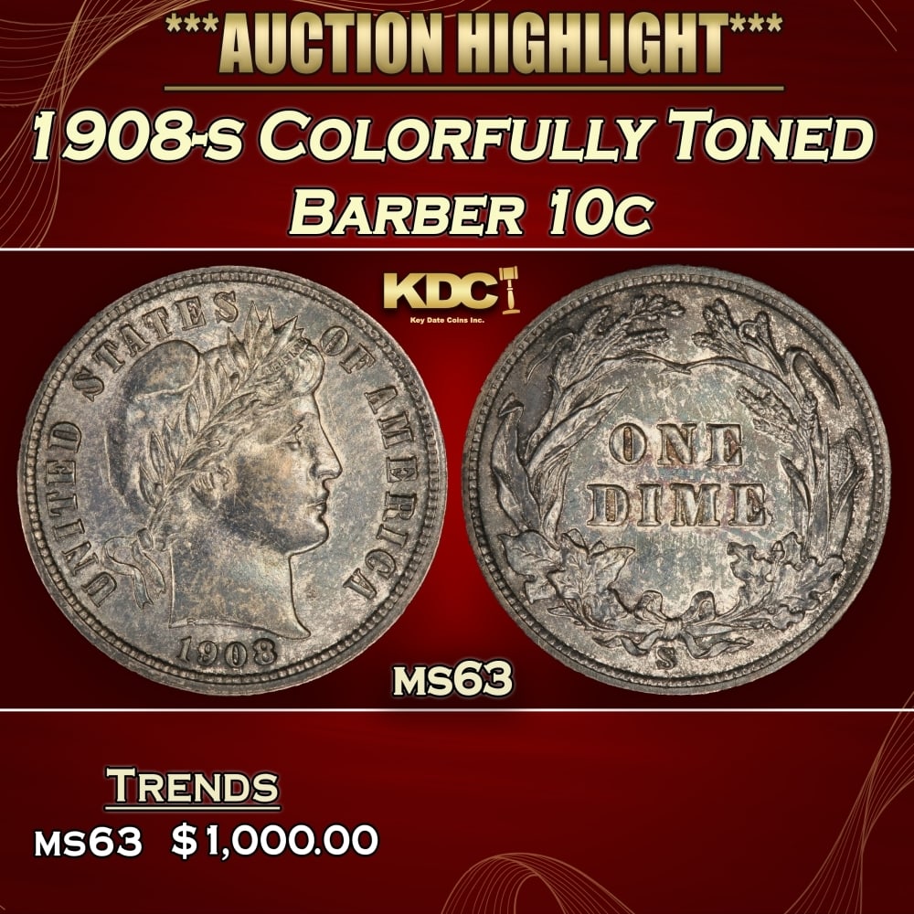 1908-s Barber Dime Colorfully Toned 10c ms63 USCG (1 of 3)