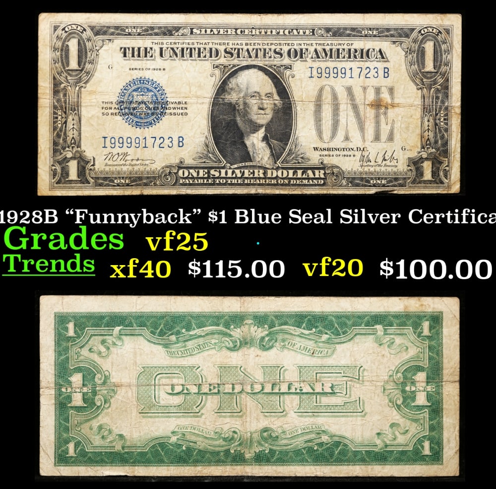 1928B $1 Blue Seal Silver Certificate "Funnyback" Grades vf+: 1928B $1 Blue Seal Silver Certificate "Funnyback" Grades vf+. FR-1602 Signatures Woods-Mills These were the first notes to be called funnybacks. The reason they are called funnybacks is because of the