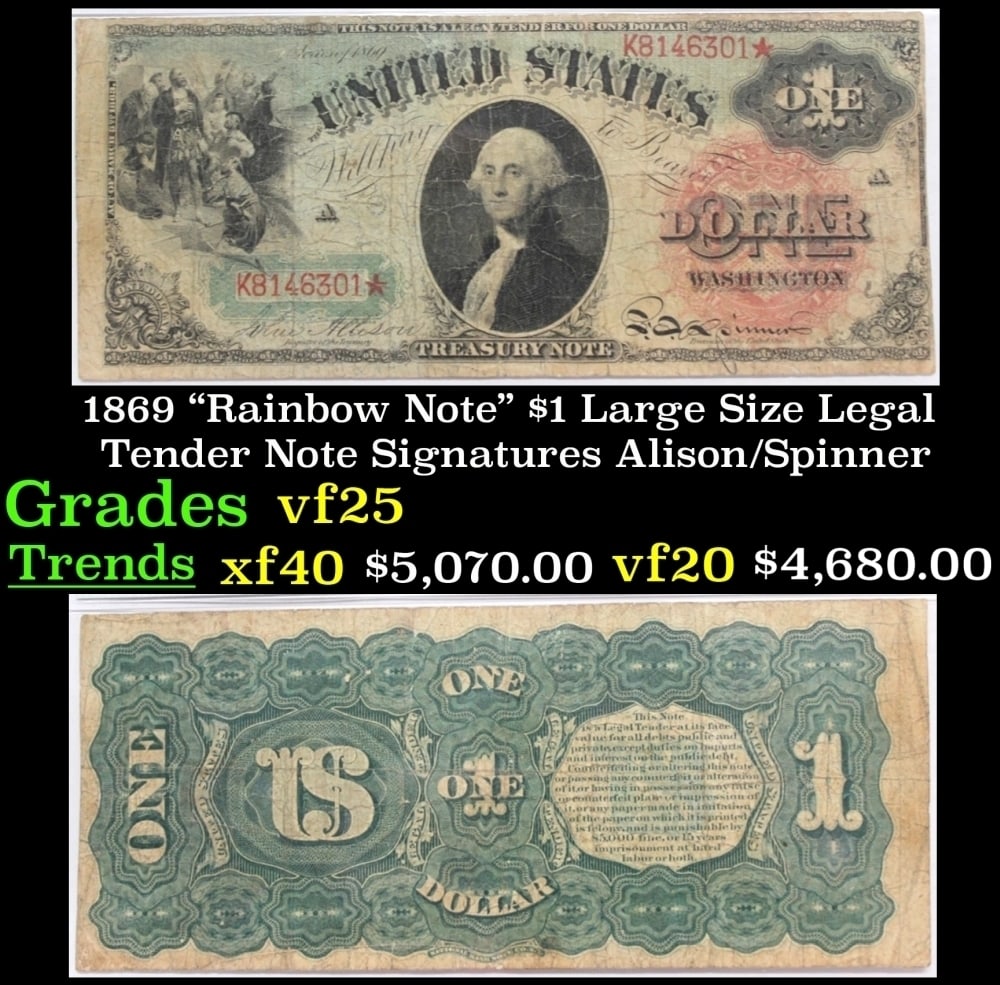 1869 $1 Large Size Legal Tender Note "Rainbow Note" Grades vf+ Signatures Alison/Spinner: 1869 $1 Large Size Legal Tender Note "Rainbow Note" Grades vf+ Signatures Alison/Spinner. FR-18 One of the most coveted and sought-after currency pieces in American history is this 1869 Legal Tender S