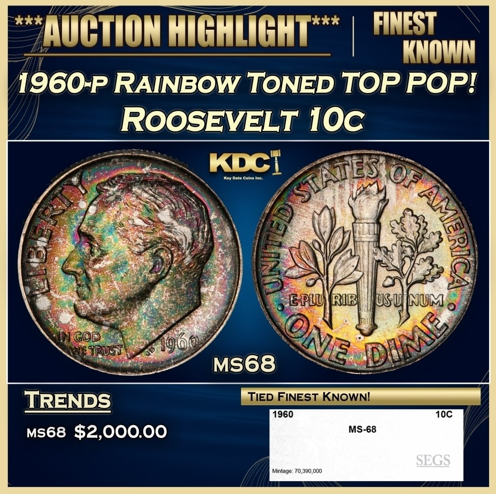 1960-p Roosevelt Dime Rainbow Toned TOP POP! 10c ms68 SEGS: 1960-p Rainbow Toned TOP POP! Roosevelt Dime 10c ms68 SEGS. 0