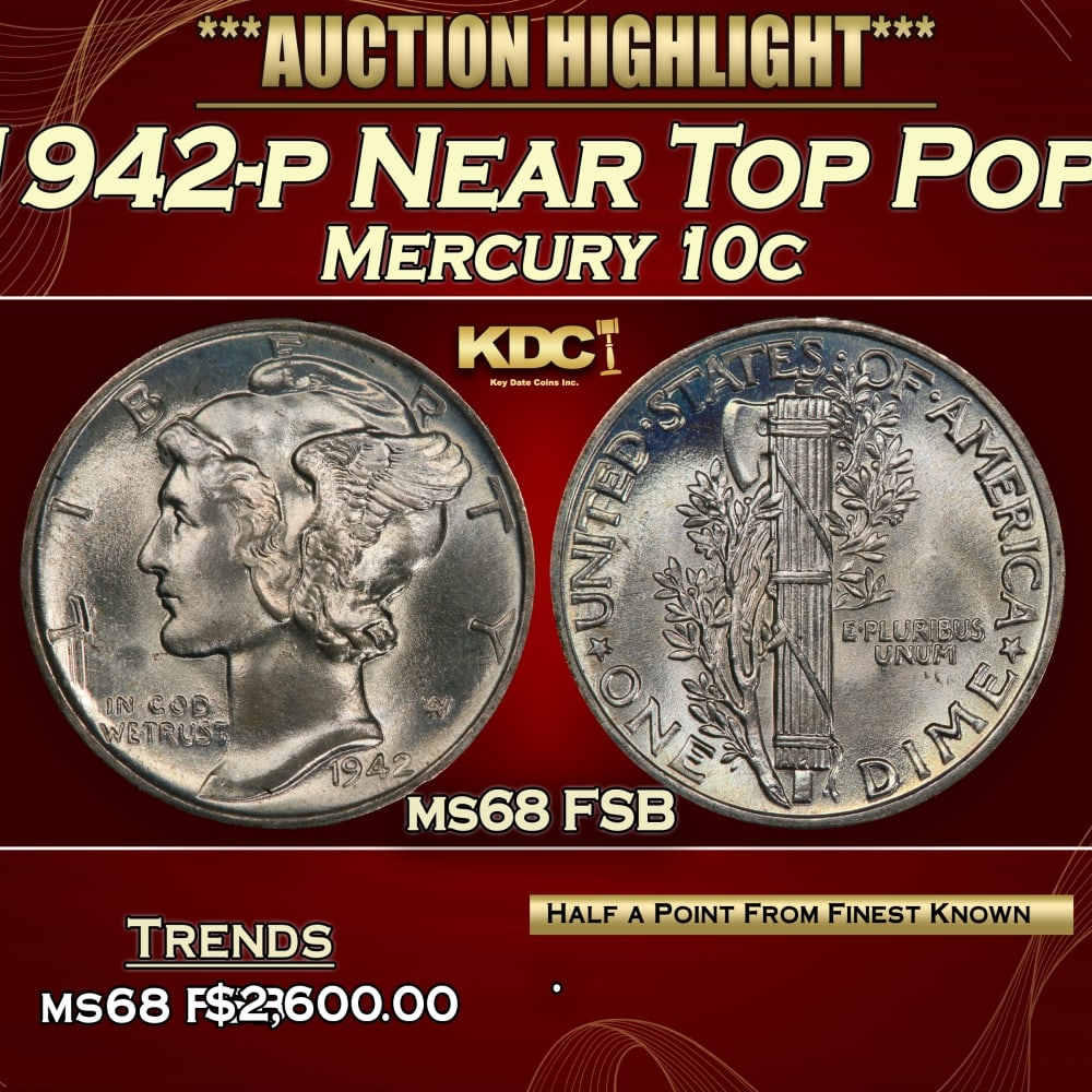 1942-p Mercury Dime Near Top Pop! 10c ms68 FSB SEGS: 1942-p Near Top Pop! Mercury Dime 10c ms68 FSB SEGS.