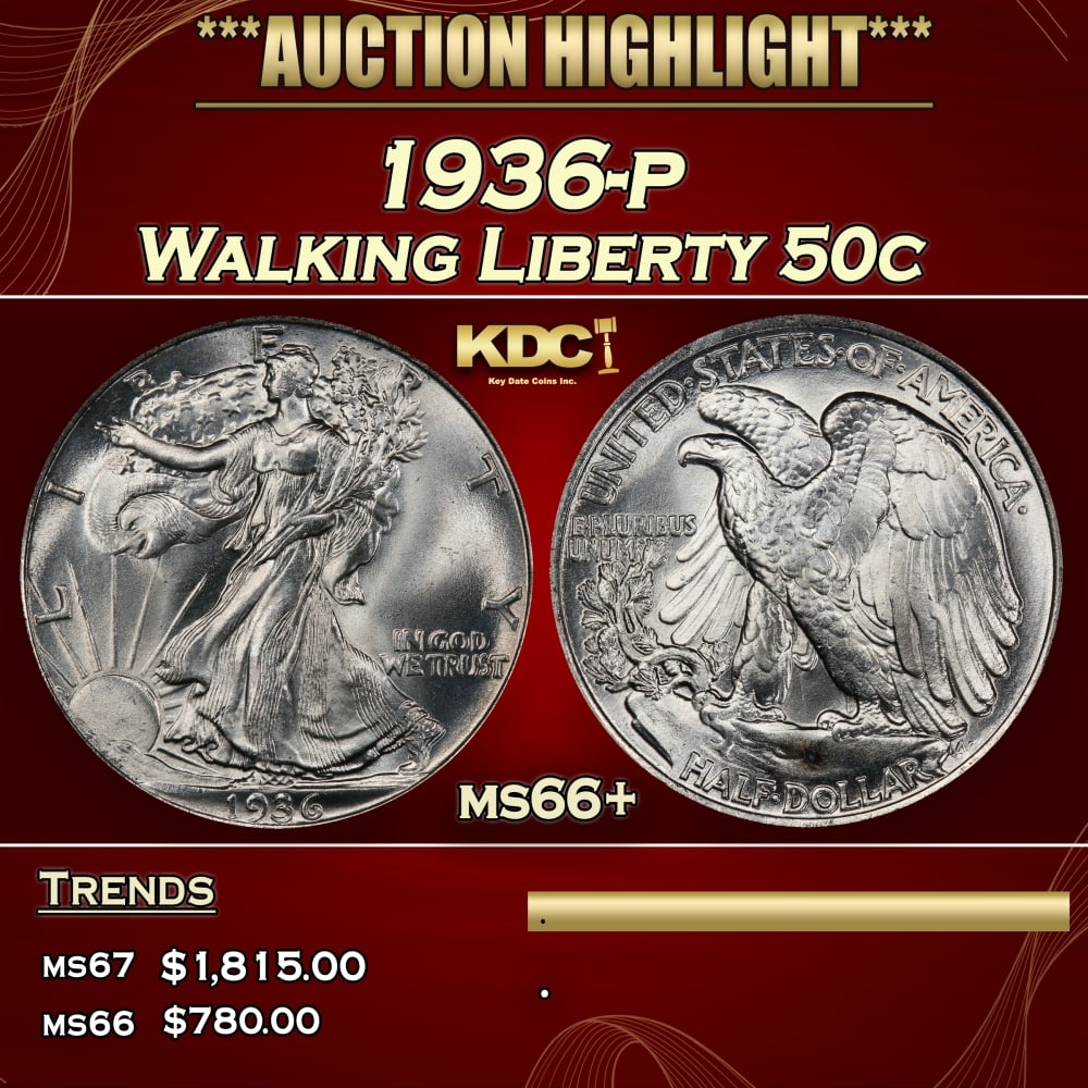 1936-p Walking Liberty Half Dollar 50c ms66+ SEGS: 1936-p Walking Liberty Half Dollar 50c ms66+ SEGS.
