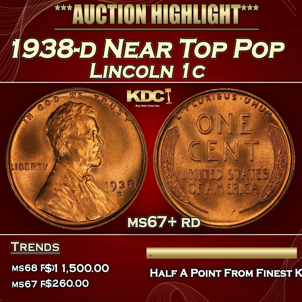 1938-d Lincoln Cent Near Top Pop 1c ms67+ rd SEGS: 1938-d Near Top Pop Lincoln Cent 1c ms67+ rd SEGS. 0