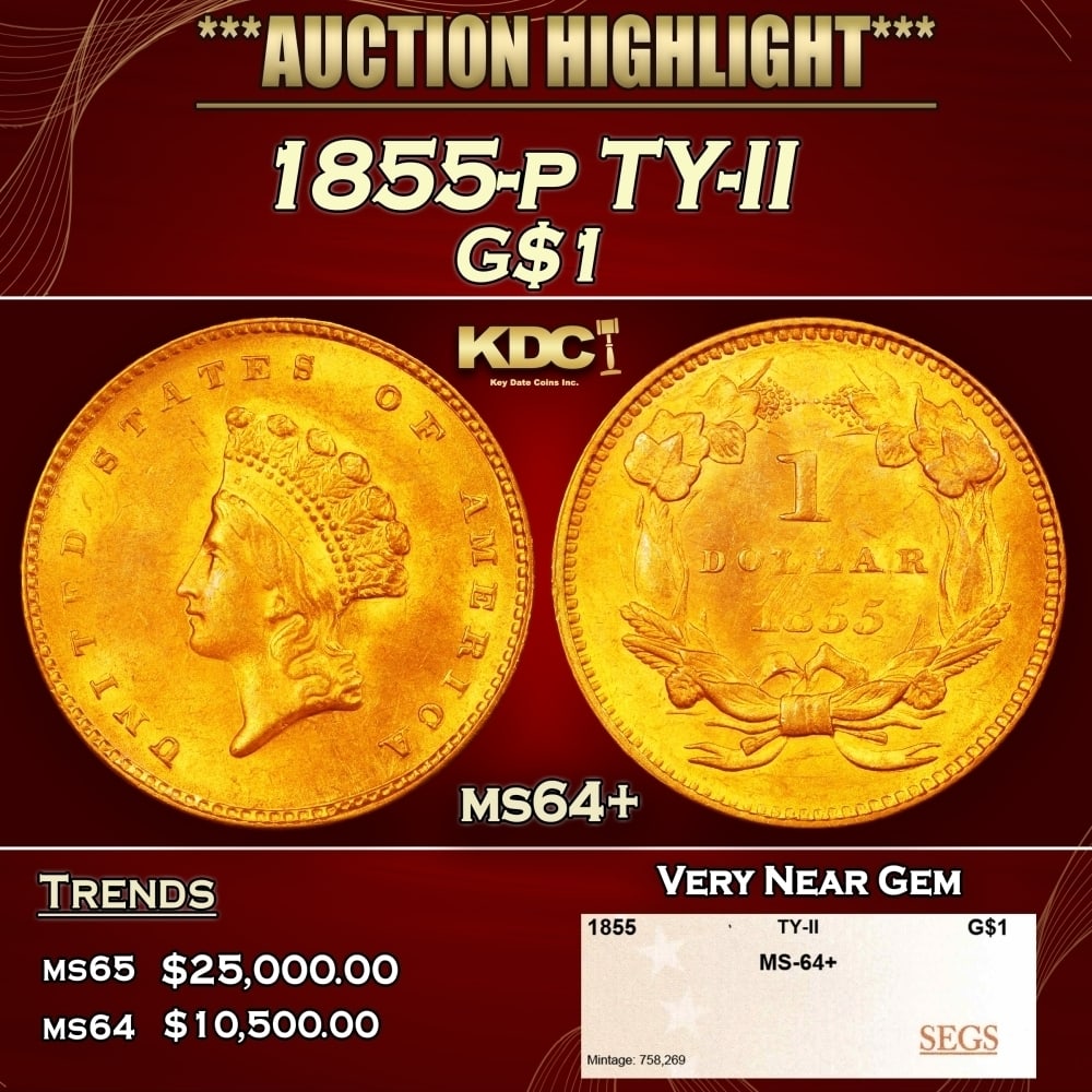 1855-p Gold Dollar TY-II $1 ms64+ SEGS (1 of 4)