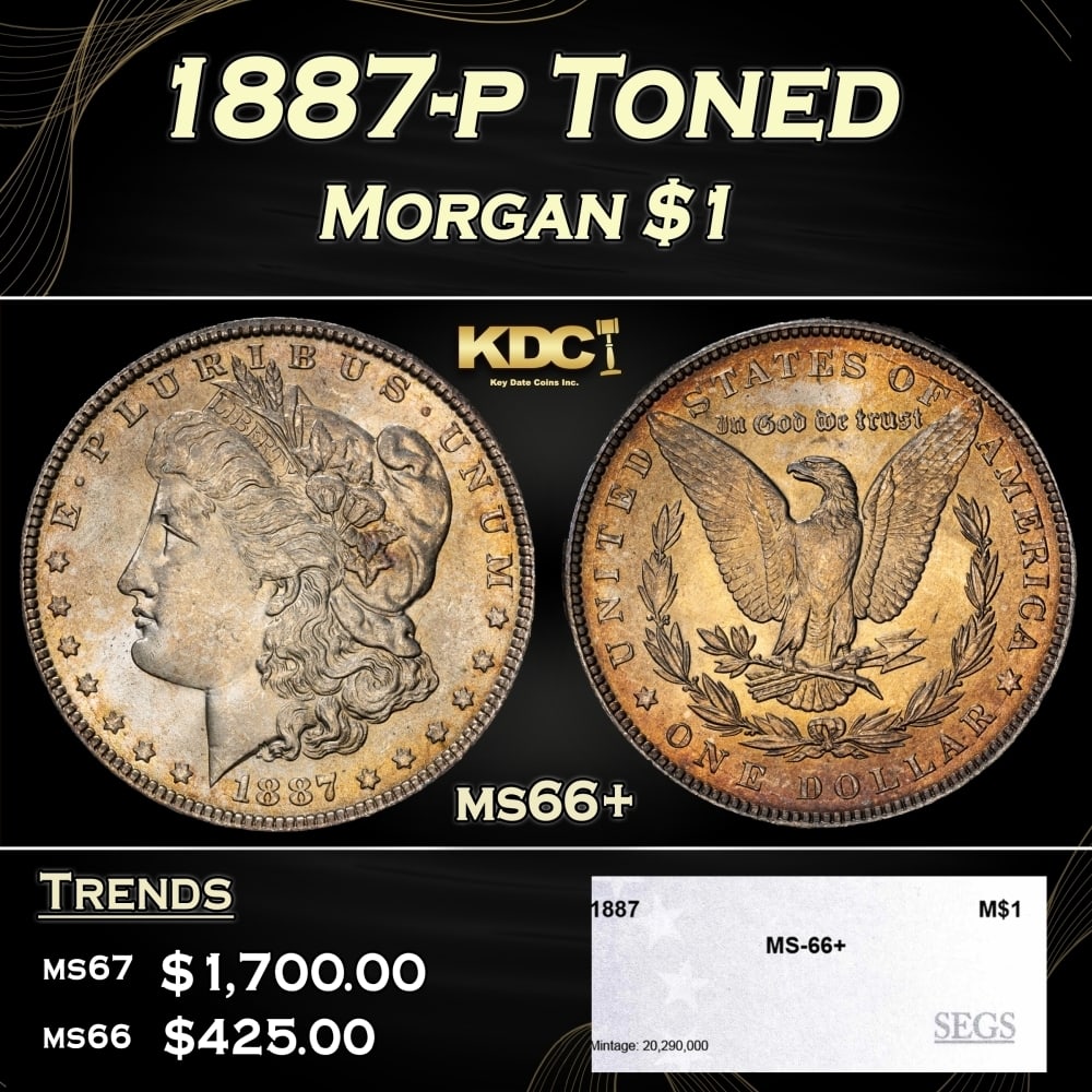 1887-p Morgan Dollar Toned $1 ms66+ SEGS: 1887-p Toned Morgan Dollar $1 ms66+ SEGS. 0