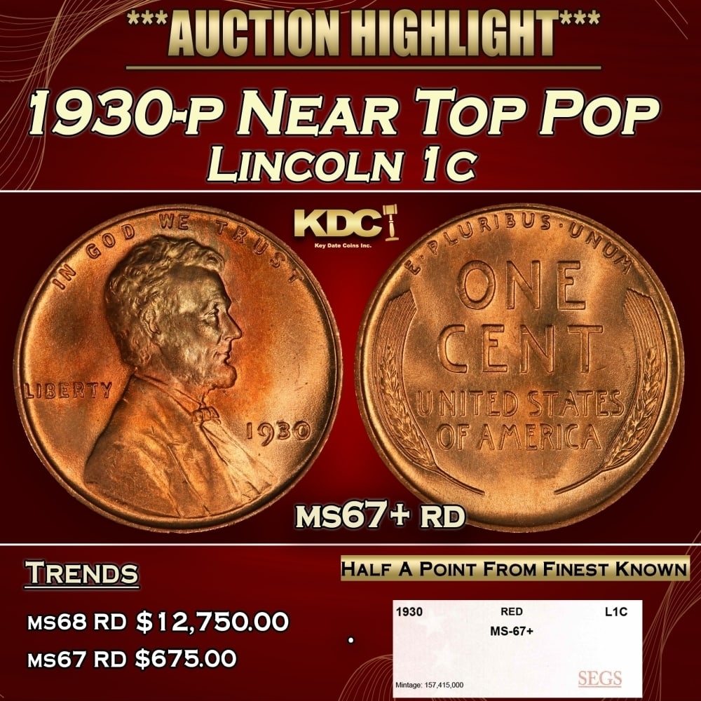 1930-p Lincoln Cent Near Top Pop 1c ms67+ rd SEGS: 1930-p Near Top Pop Lincoln Cent 1c ms67+ rd SEGS. 0