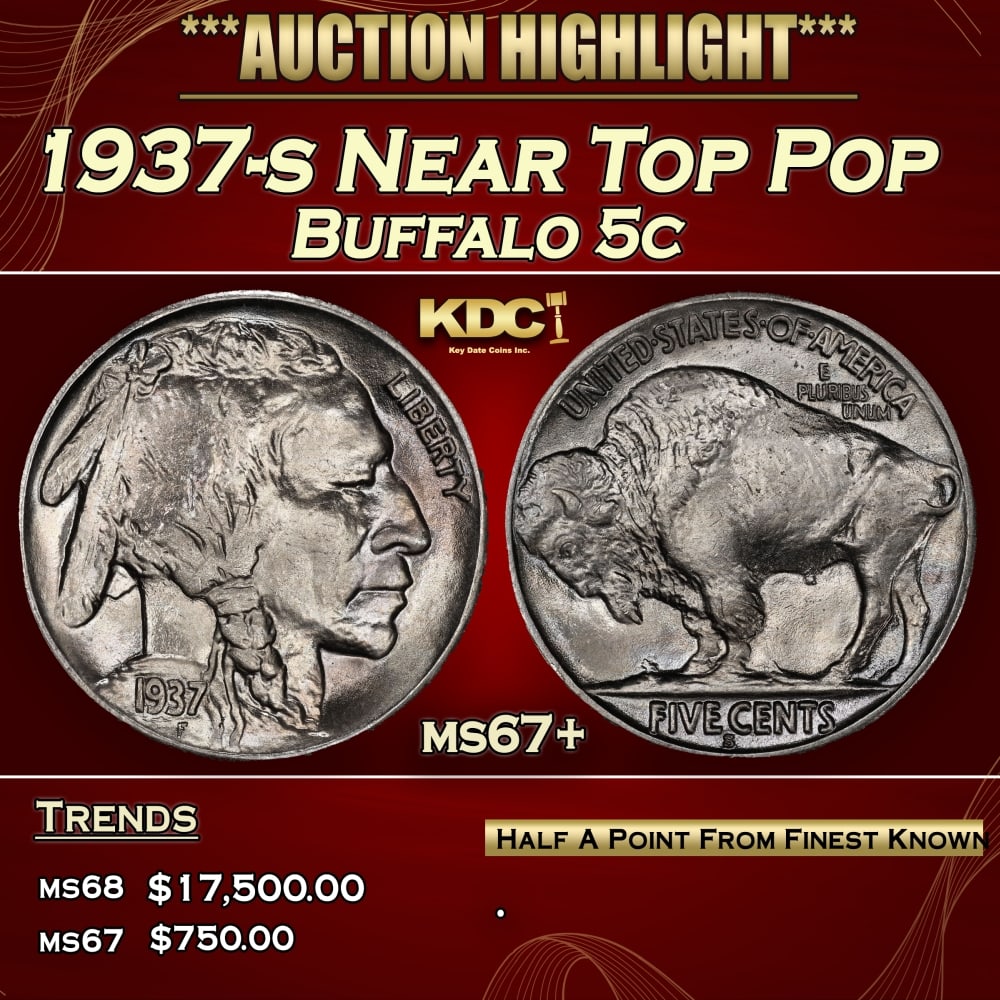 1937-s Buffalo Nickel Near Top Pop 5c ms67+ SEGS: 1937-s Near Top Pop Buffalo Nickel 5c ms67+ SEGS.