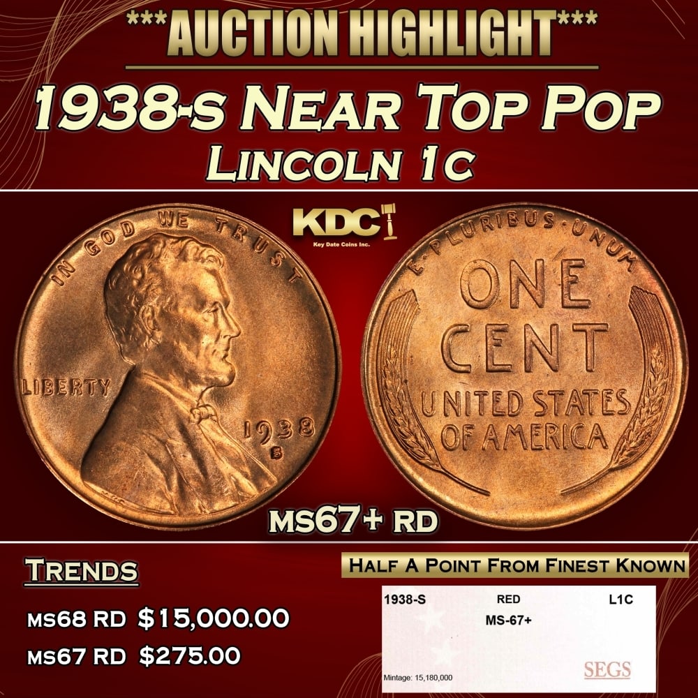1938-s Lincoln Cent Near Top Pop 1c ms67+ rd SEGS: 1938-s Near Top Pop Lincoln Cent 1c ms67+ rd SEGS. 0