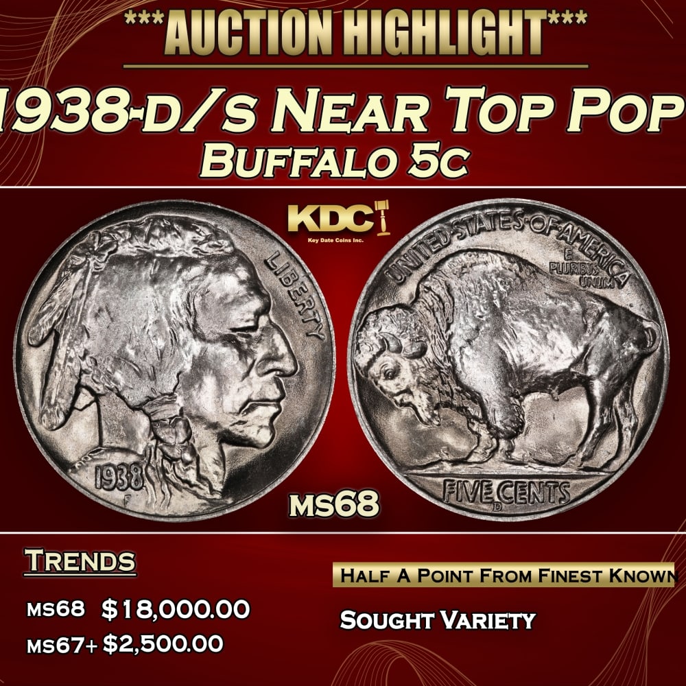 1938-d/s Buffalo Nickel Near Top Pop 5c ms68 SEGS: 1938-d/s Near Top Pop Buffalo Nickel 5c ms68 SEGS.