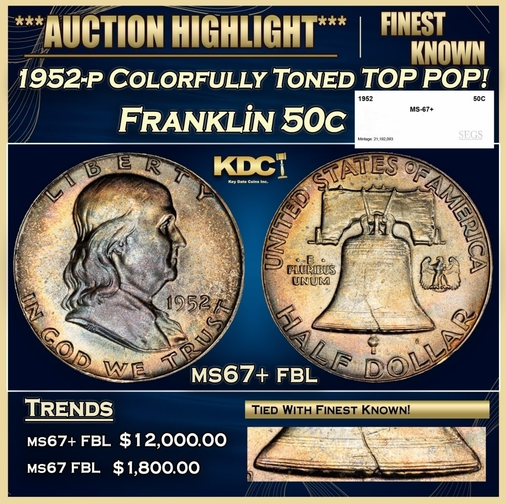1952-p Franklin Half Dollar Colorfully Toned TOP POP! 50c ms67+ fbl SEGS: 1952-p Colorfully Toned TOP POP! Franklin Half Dollar 50c ms67+ fbl SEGS. 0