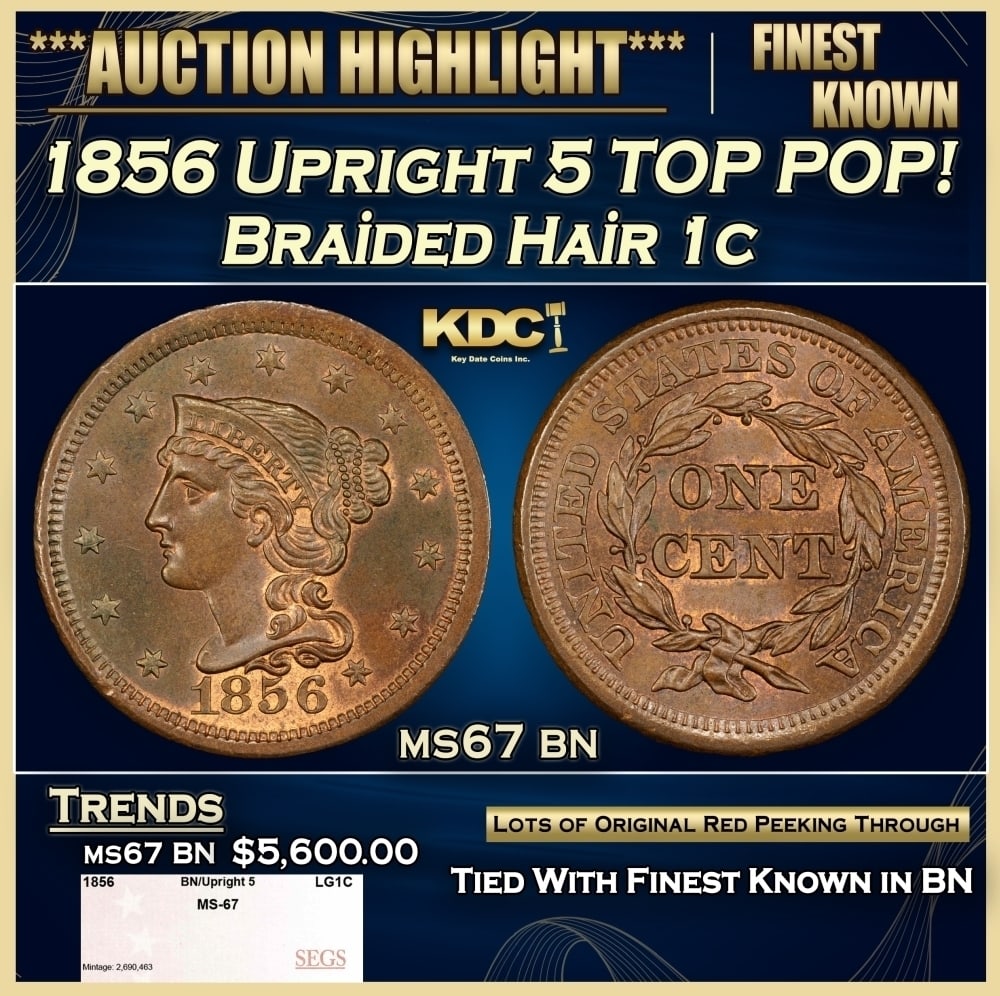 1856 Upright 5 Braided Hair Large Cent TOP POP! 1c ms67 bn SEGS: 1856 Upright 5 TOP POP! Braided Hair Large Cent 1c ms67 bn SEGS. 0