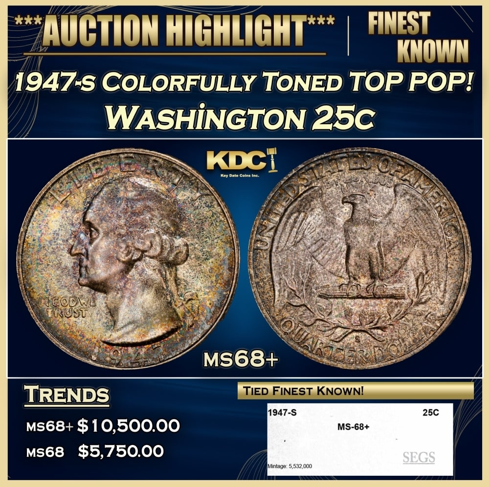 1947-s Washington Quarter Colorfully Toned TOP POP! 25c ms68+ SEGS: 1947-s Colorfully Toned TOP POP! Washington Quarter 25c ms68+ SEGS. 0