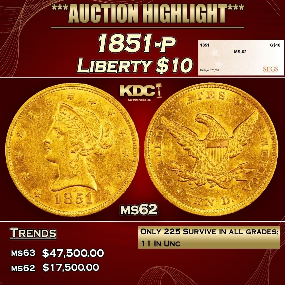 1851-p Gold Liberty Eagle $10 ms62 SEGS: 1851-p Gold Liberty Eagle $10 ms62 SEGS. 0 Per David Akers of PCGS " This date is rare and underrated in all grades. Strictly uncirculated examples are very rare and most available specimens grade onl