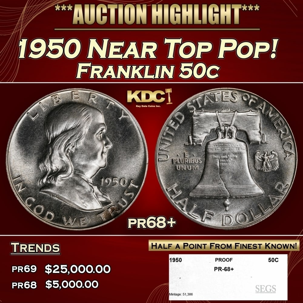 1950 Proof Franklin Half Dollar Near Top Pop! 50c pr68+ SEGS: 1950 Near Top Pop! Franklin Half Dollar 50c pr68+ SEGS. 0