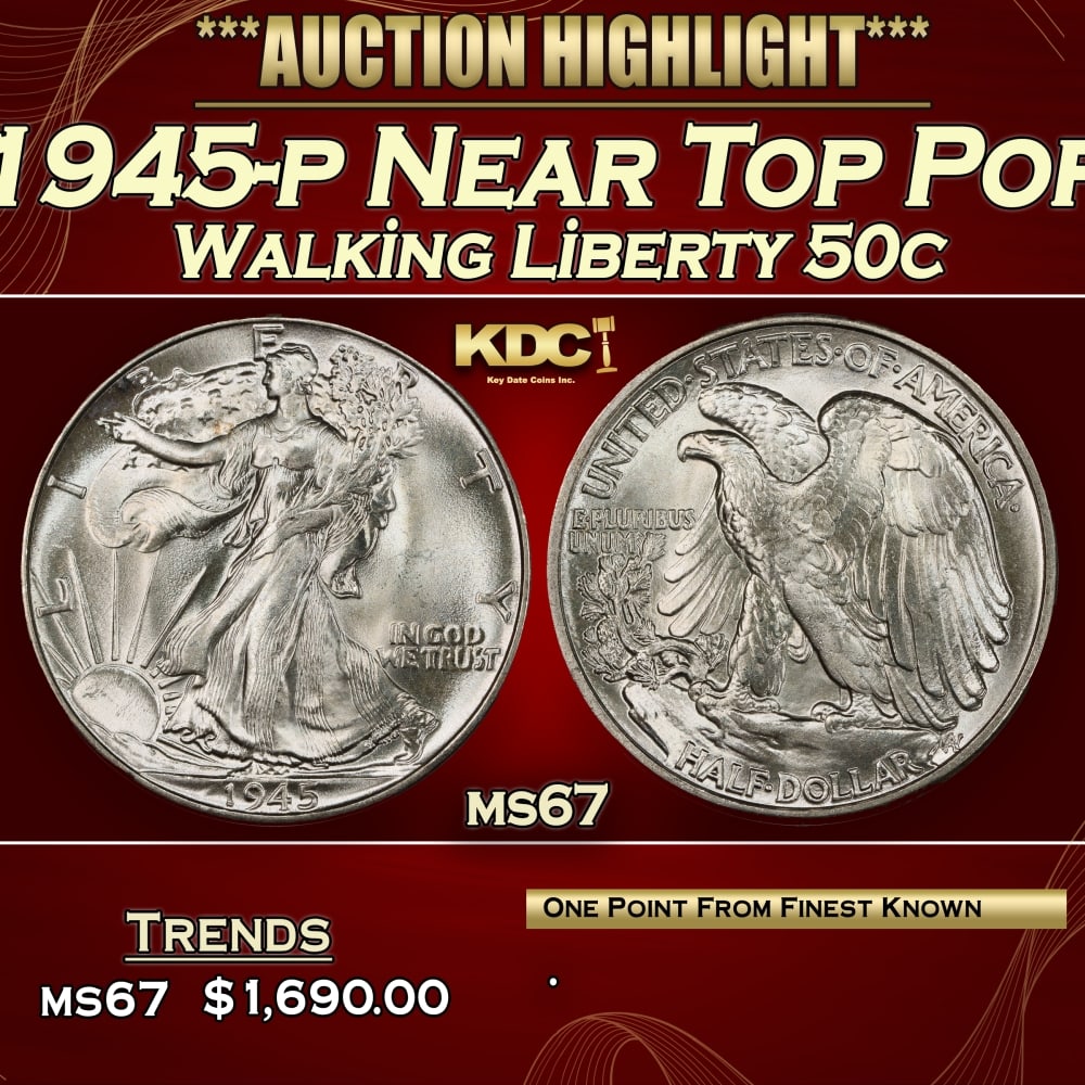 1945-p Walking Liberty Half Dollar Near Top Pop 50c ms67 SEGS: 1945-p Near Top Pop Walking Liberty Half Dollar 50c ms67 SEGS.