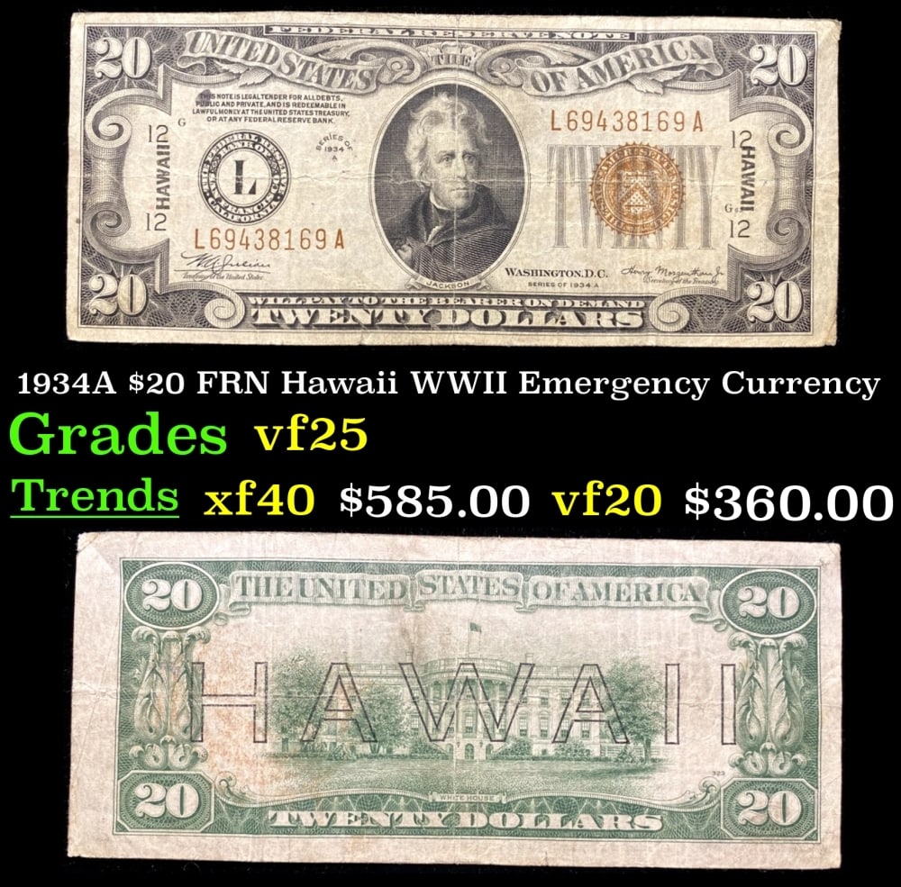 1934A $20 FRN Hawaii WWII Emergency Currency Grades vf+ (1 of 3)