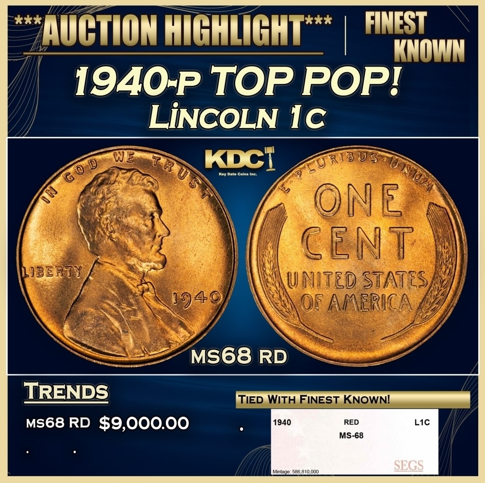 1940-p Lincoln Cent TOP POP! 1c ms68 rd SEGS: 1940-p TOP POP! Lincoln Cent 1c ms68 rd SEGS. 0