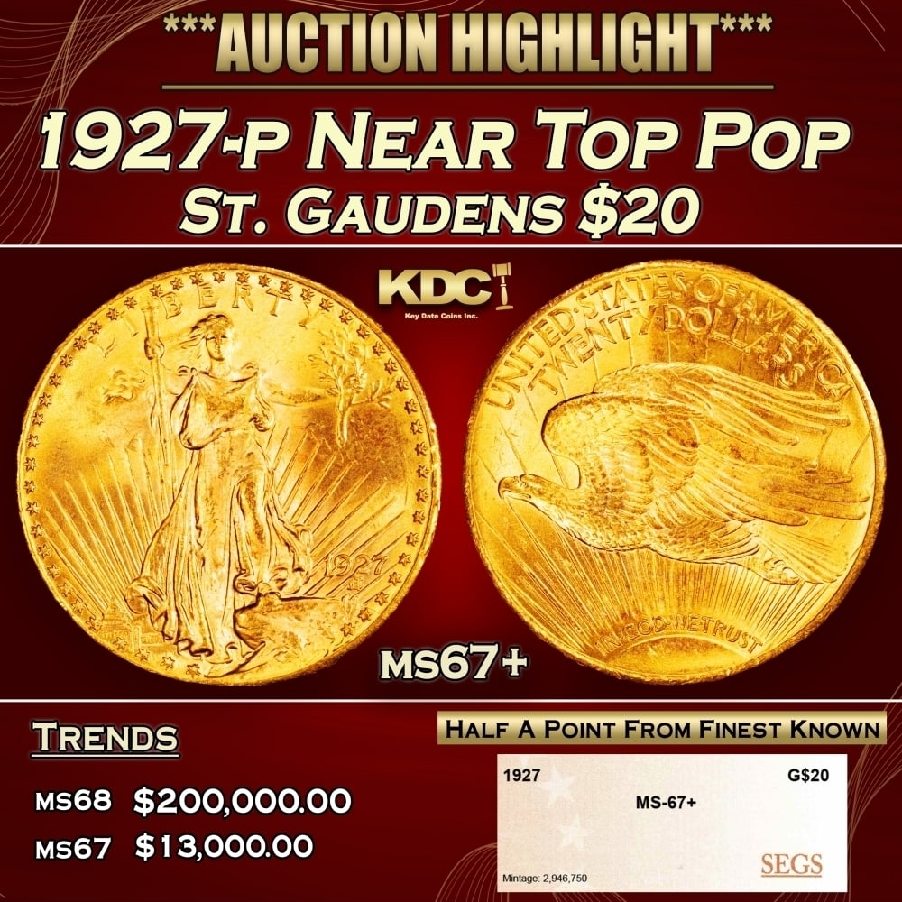 1927-p Gold St. Gaudens Double Eagle Near Top Pop $20 ms67+ SEGS: 1927-p Near Top Pop Gold St. Gaudens Double Eagle $20 ms67+ SEGS. 0