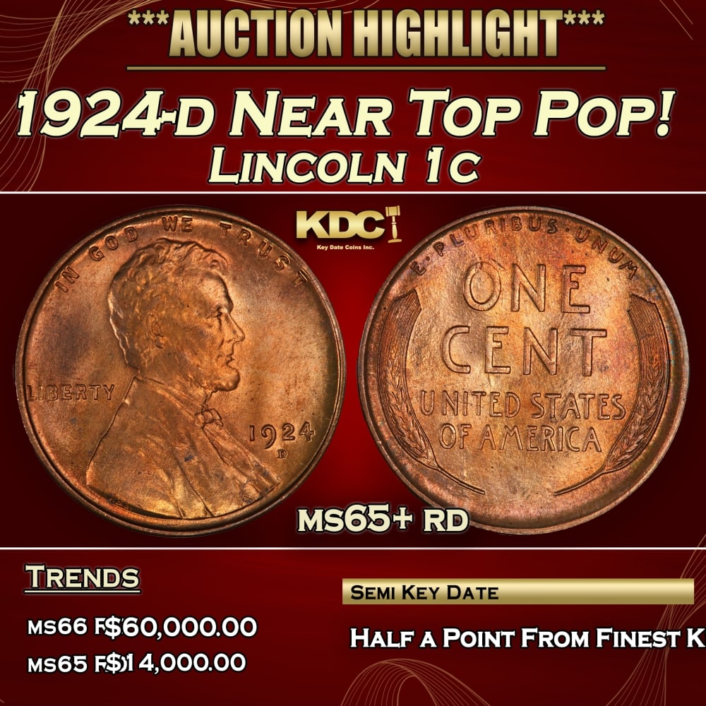 1924-d Lincoln Cent Near Top Pop! 1c ms65+ rd SEGS (1 of 3)