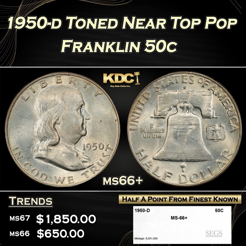 1950-d Franklin Half Dollar Toned Near Top Pop 50c ms66+ SEGS: 1950-d Toned Near Top Pop Franklin Half Dollar 50c ms66+ SEGS. 0
