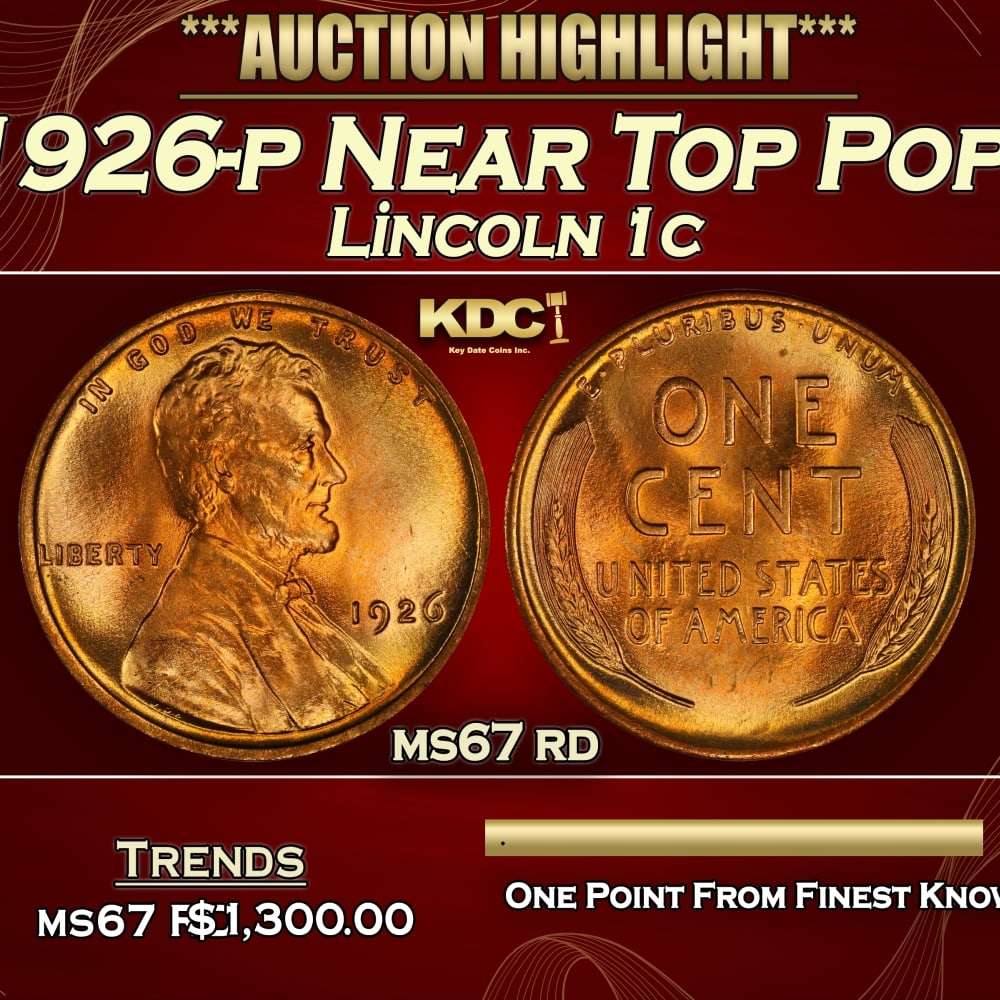 1926-p Lincoln Cent Near Top Pop! 1c ms67 rd SEGS: 1926-p Near Top Pop! Lincoln Cent 1c ms67 rd SEGS. 0