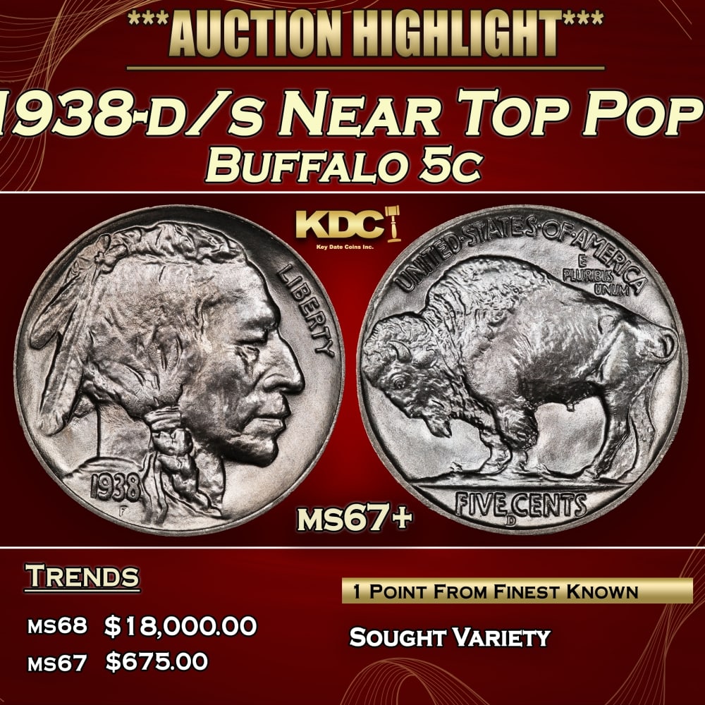 1938-d/s Buffalo Nickel Near Top Pop 5c ms67+ SEGS: 1938-d/s Near Top Pop Buffalo Nickel 5c ms67+ SEGS.