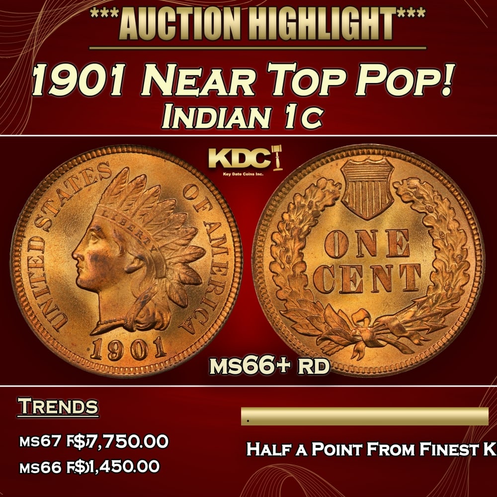 1901 Indian Cent Near Top Pop! 1c ms66+ rd SEGS: 1901 Near Top Pop! Indian Cent 1c ms66+ rd SEGS. 0