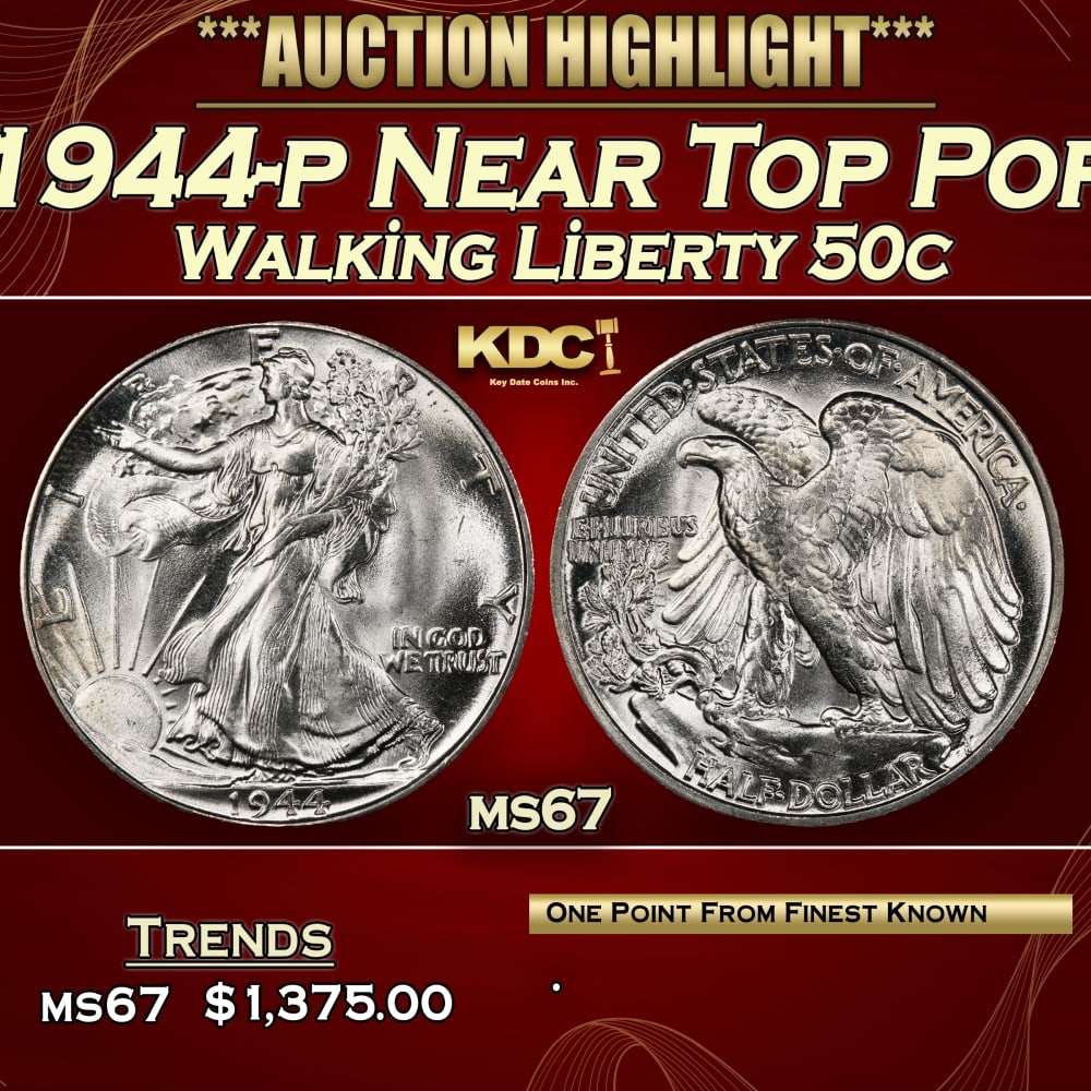 1944-p Walking Liberty Half Dollar Near Top Pop 50c ms67 SEGS: 1944-p Near Top Pop Walking Liberty Half Dollar 50c ms67 SEGS.