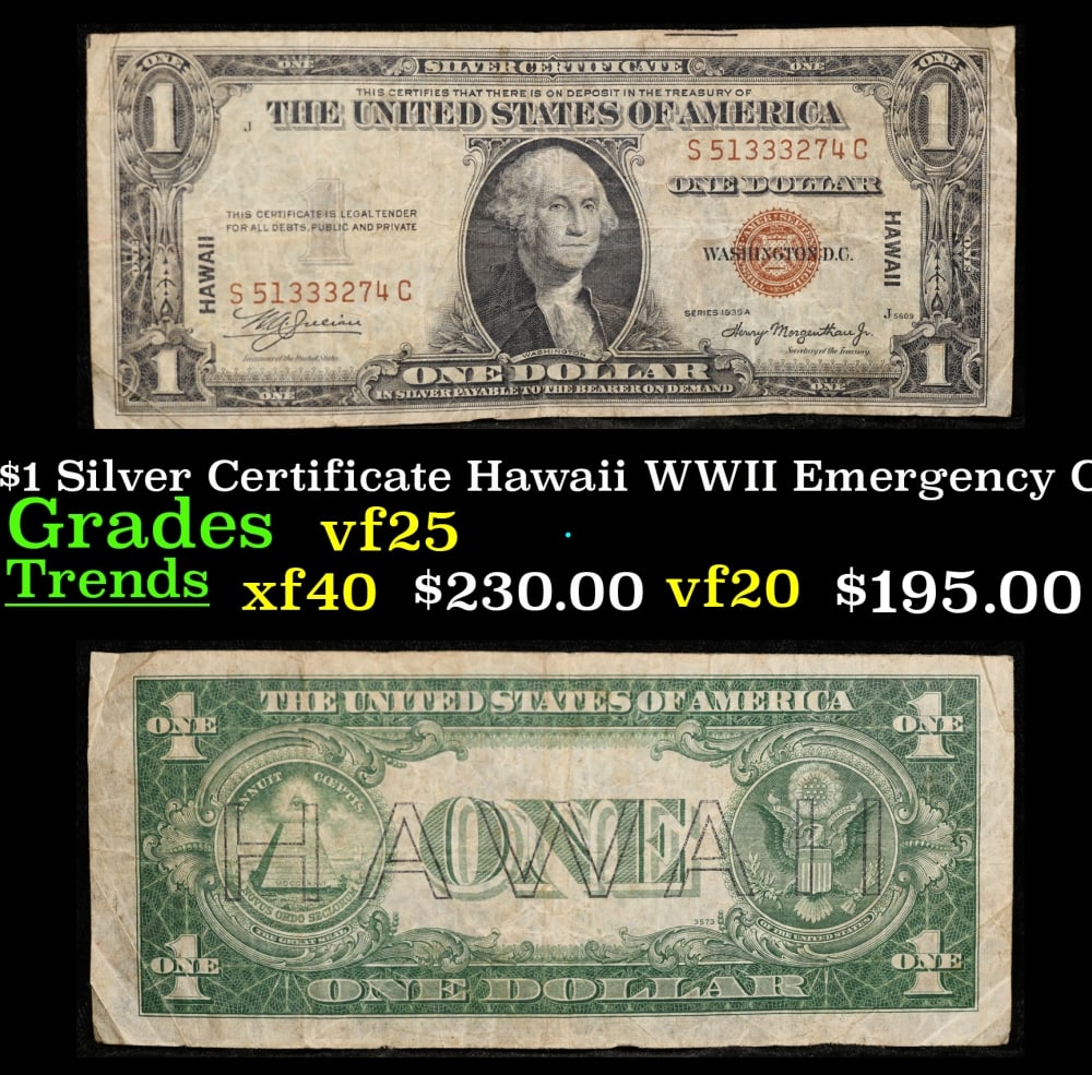 1935A $1 Silver Certificate Hawaii WWII Emergency Currency Grades vf+: 1935A $1 Silver Certificate Hawaii WWII Emergency Currency Grades vf+. FR-2300 Signatures of Julian & Morgenthau WWII Emergency Currency. It was the darkest days of World War II, just after Pearl Harb